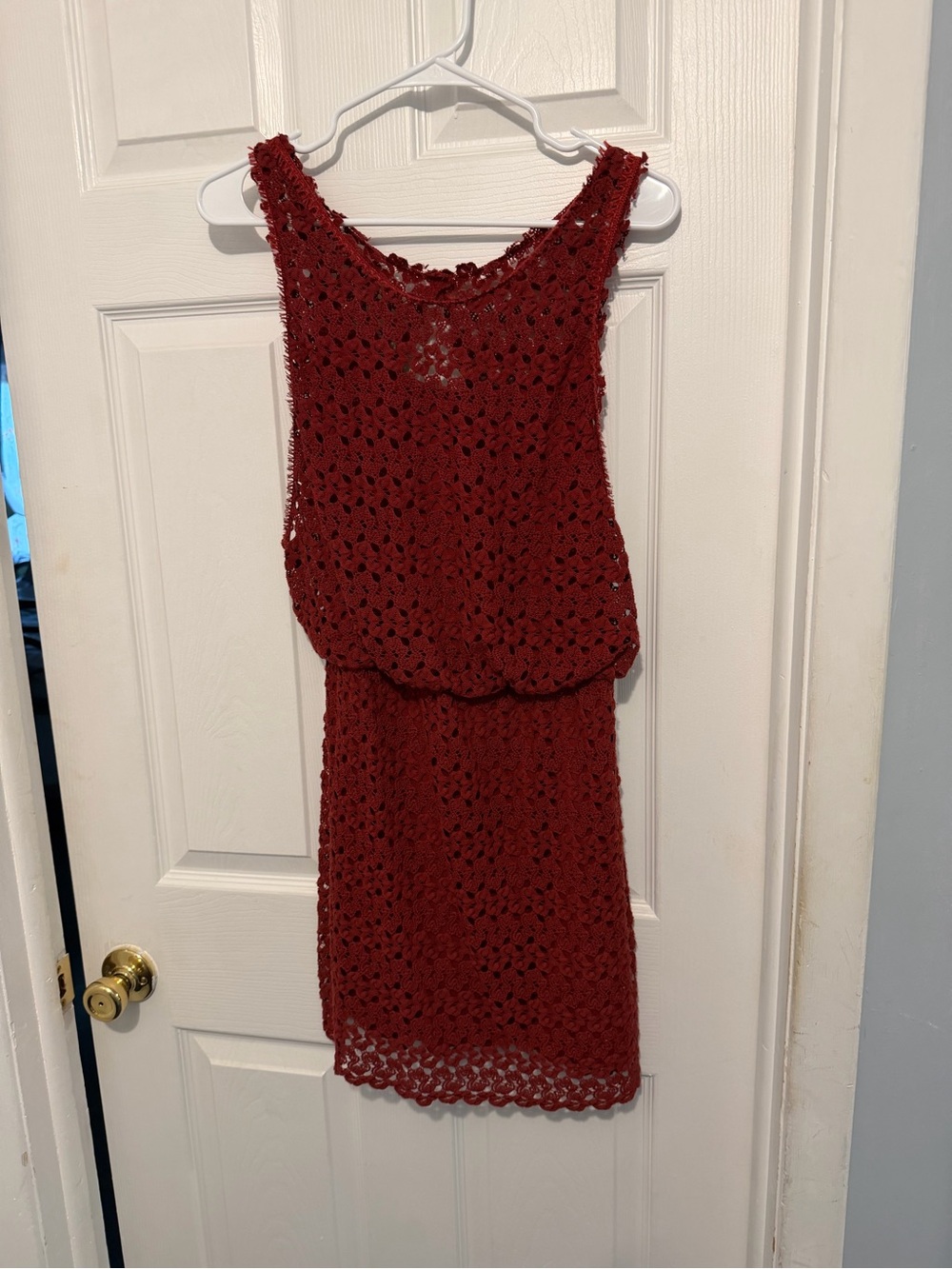 Crochet Overlay Sleeveless Dress - Deep Wine Red